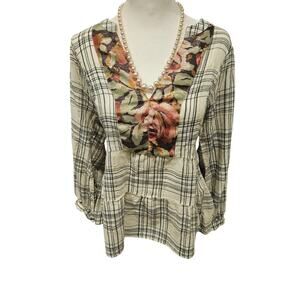 Anthropologie Darlene Plaid Peasant Blouse womens large  boho floral glitter top